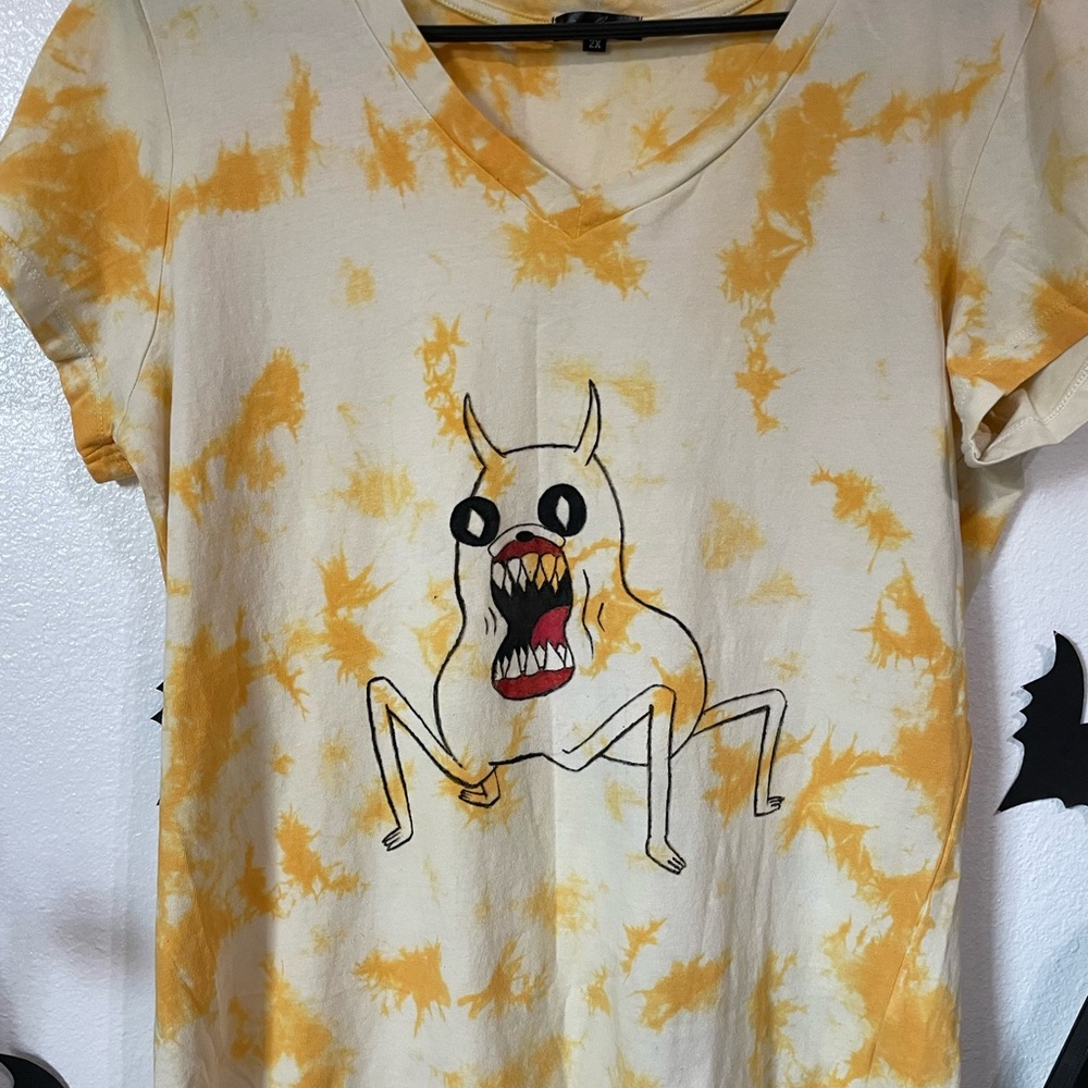 Adventure time scary Jake the Dog hand painted tie dye v neck tee - Picture 7 of 17